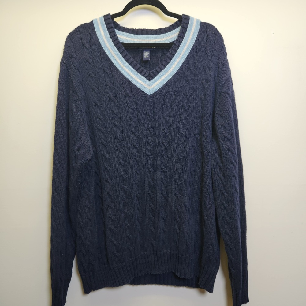 Grant Thomas Linen Cotton Blend XXL V-Neck Cable Knit Cricket Varsity Sweater